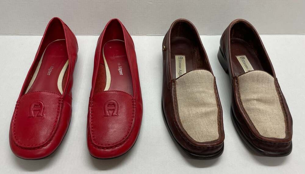 LOT of 2 Etienne Aigner Loafers Red Leather Brown Tweed Shoes Women’s Size 6.5M - Picture 3 of 10